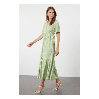 Trendyol Green Floral Double Breasted Hem Ruffled Textured Short Sleeve Stretchy Knitted Maxi Dr