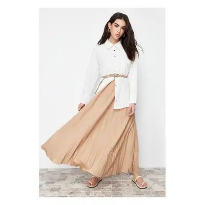 Trendyol Beige Pleated Knitted Long Skirt