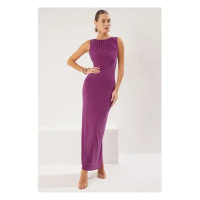 Trendyol Plum Straight Drawstring / Drape Woven Sandy Maxi Evening Dress & Homecoming Dress