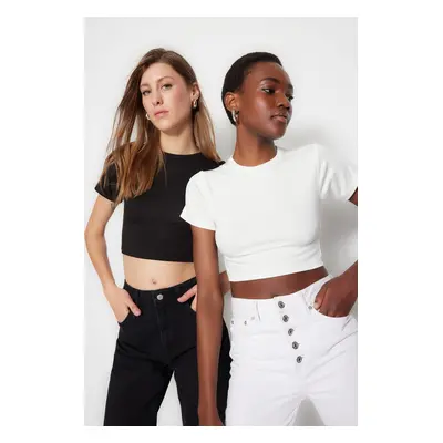 Trendyol Premium Black-Ecru 2-Pack Crop Viscous/Soft Fabric Stretch Knitted Blouse