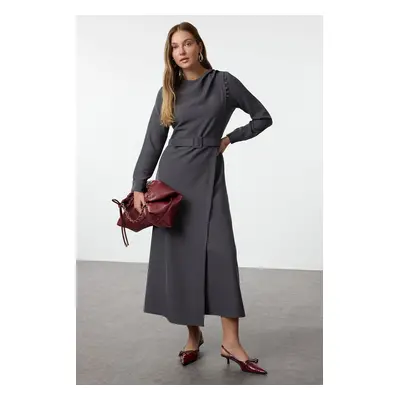 Trendyol Gray Double Breasted Draped Woven Crepe Dress