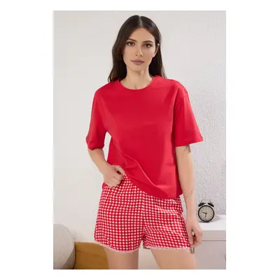 Trendyol Red Plaid / Checkered Lace Detailed Jersey Shorts Knitted Pajama Set