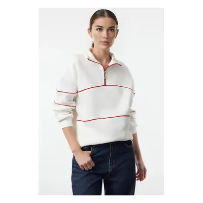 Trendyol Ecru Ribbed Detailed Zippered Collar Oversize/Wide Pattern Knitted Sweatshirt