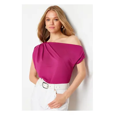 Trendyol Fuchsia Regular/Normal Fit Asymmetrical Neckline Zero Sleeve Stretchy Knitted Blouse wi