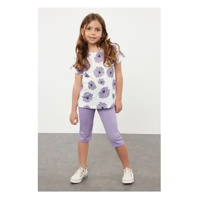 Trendyol Lilac Girl Cotton Floral Printed Patterned T-Shirt-Leggings Knitted Upper-Lower Team