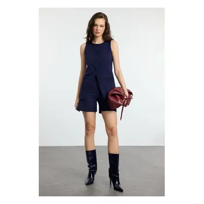 Trendyol Navy Blue Crew Neck Woven Vest-Shorts Set