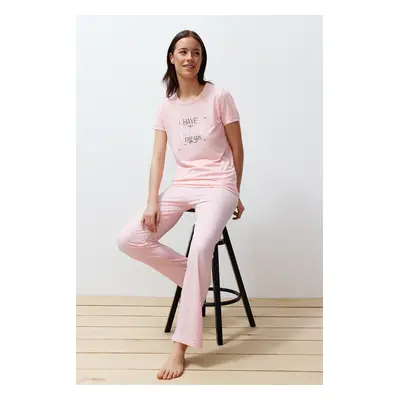 Trendyol Powder Slogan Printed Polka Dot Knitted Pajamas Set