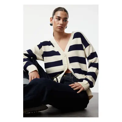 Trendyol Bone Basic V-Neck Striped Knitwear Cardigan