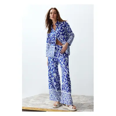 Trendyol Blue Patterned Woven Shirt-Pants Set