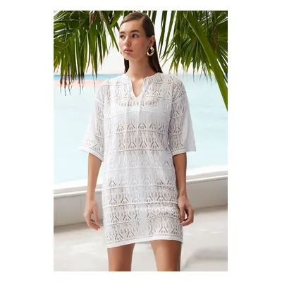 Trendyol White Mini Knitwear Tie-Up Beach Dress