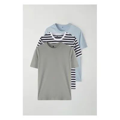 Trendyol Grey-Blue-Navy Striped 3-Pack Black Slim/Slim Fit Basic 100% Cotton T-Shirt