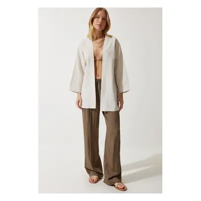 Happiness İstanbul Women's Cream Loose Linen Viscose Kimono