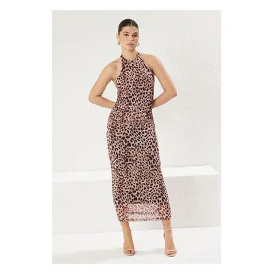 Trendyol Brown Animal Leopard Bodycone/Body Fitted Halter Neck Maxi Knit Dress