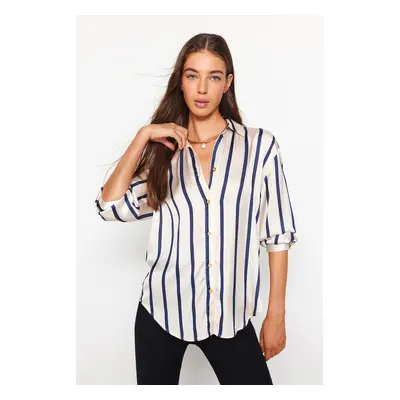 Trendyol Ecru Striped Satin Fabric Oversize Wide Fit Woven Shirt