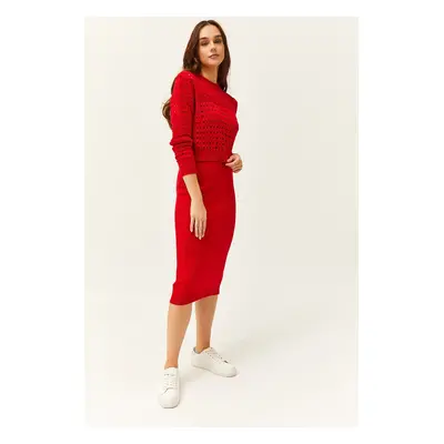 Olalook Women's Red Thin Strap Knitwear Dress Openwork Sweater Suit