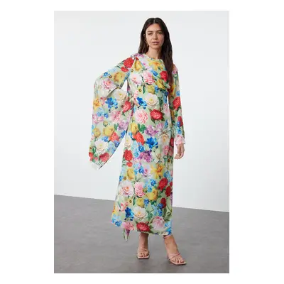 Trendyol Green Shawl Collar Floral Patterned Woven Evening Dress