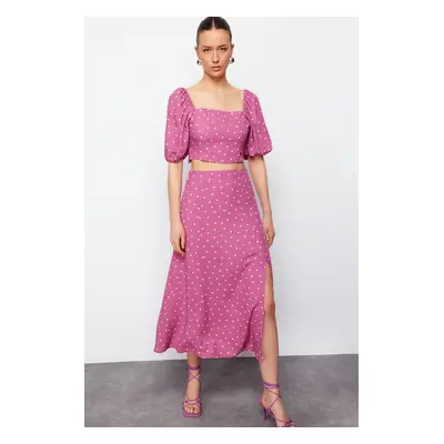 Trendyol Plum Slit Midi Viscose Woven Polka Dot Blouse-Skirt Set