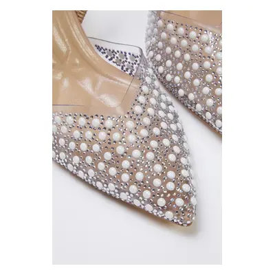 Trendyol Beige Faux Pearl Detailed Stoned Open Back Vinyl Women's Evening High Heel Shoes TAXSS2