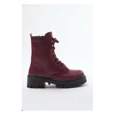 Trendyol Claret Red Zipper and Lace Detailed Women's Short Flat Heeled Boots