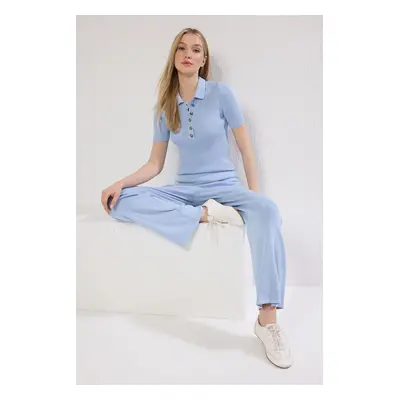 Trendyol Blue Polo Collar Ribbed Knitwear Top-Bottom Set