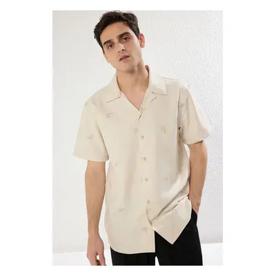 Trendyol Ecru Regular Fit Short Sleeve Embroidered Linen Look Summer Shirt