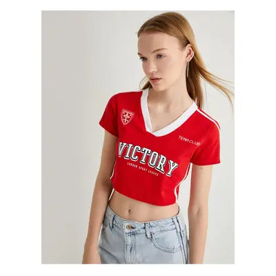 Koton V-Neck Crop T-Shirt with Printed Jersey Look and Color Contrast