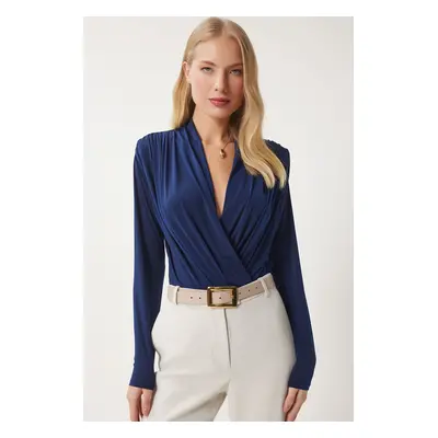 Happiness İstanbul Women's Navy Blue Wrap Collar Padded Snap-Front Sandy Blouse