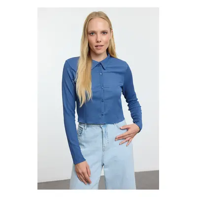 Trendyol Indigo Buttoned Fitted Polo Neck Ruffle/Textured Crop Knitted Blouse