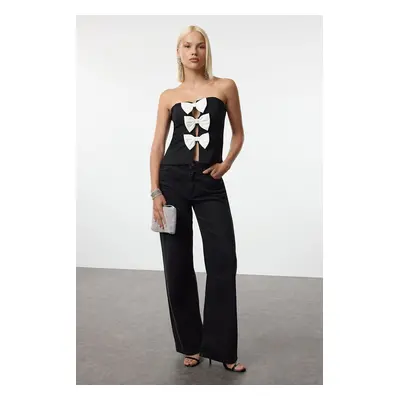 Trendyol Black-White Bow Detailed Strapless Woven Blouse