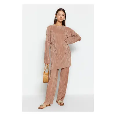 Trendyol Light Brown Self-Pleated Woven Top-Bottom Set