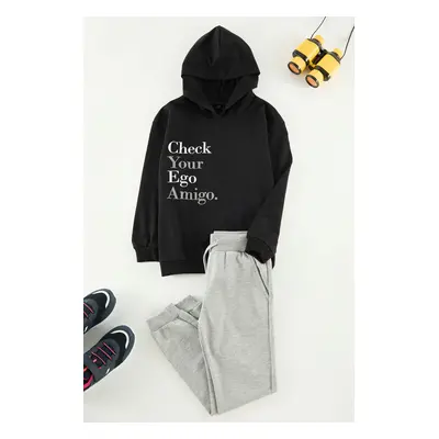 Trendyol Black Boy Slogan Knitted Top-Bottom Set