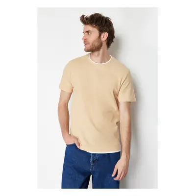 Trendyol Beige Regular Cut 100% Cotton Textured Basic T-Shirt