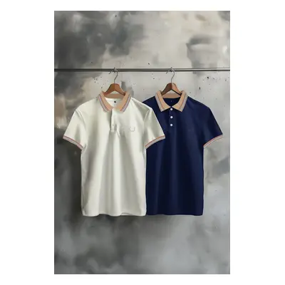 Trendyol Navy Blue-White Pack Slim/Narrow Cut Deer Embroidered 100% Cotton Polo Neck T-Shirt