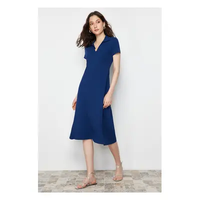 Trendyol Navy Blue Polo Neck Skater/Waist Opened Cotton Stretchy Knitted Midi Dress