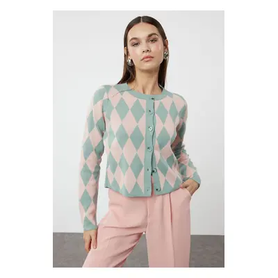 Trendyol Mint Crop Patterned/Jacquard Jacket Look Knitwear Cardigan