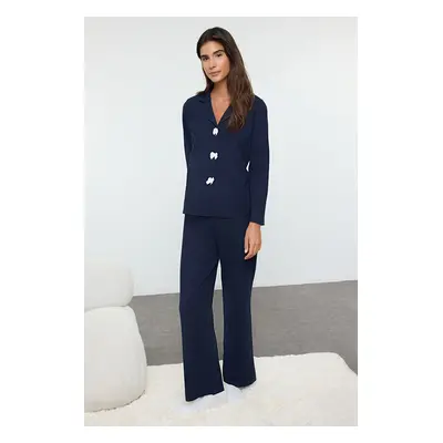 Trendyol Navy Blue Ribbon/Bow Waffle Fabric Knitted Pajama Set