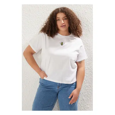 Trendyol Curve White Crew Neck Embroidery Knitting Plus size T-shirt