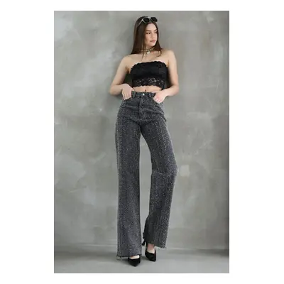 Trendyol Black Textured High Waist Wide Leg Jeans