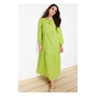 Trendyol Oil Green Gathered Detailed Cotton Wide Fit Woven Dress