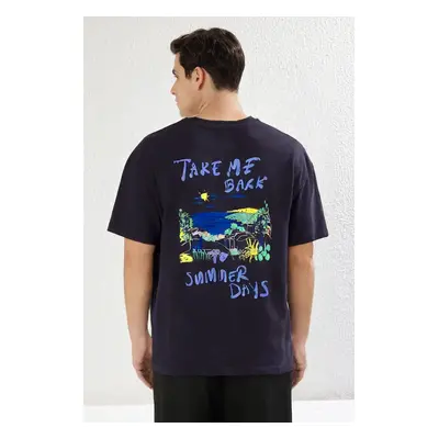 Trendyol Navy Blue 0versize/Wide Cut Text Printed 100% Cotton T-Shirt