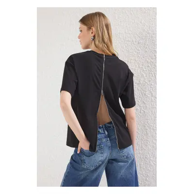 Trendyol Black 100% Cotton Zipper Detail Relaxed Pattern Knitted T-Shirt