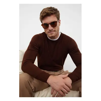 Trendyol Brown Slim Fit Crew Neck Textured Knitwear Sweater