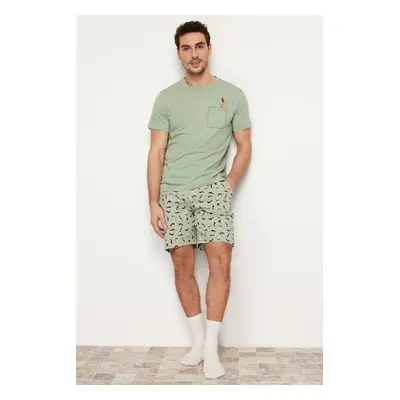 Trendyol Green Regular Fit Printed Knitted Shorts Pajamas Set