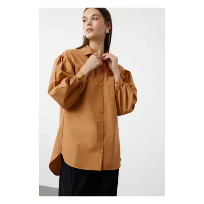 Trendyol Cinnamon Balloon Sleeve Back Long Pocket Detail Basic Woven Shirt