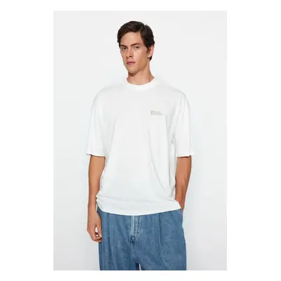 Trendyol Ecru Oversize 100% Cotton Minimal Text Printed T-shirt