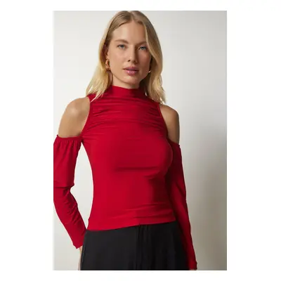 Happiness İstanbul Women's Red Open Shoulder Detailed Knitted Blouse