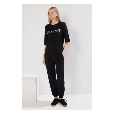 Trendyol Black Slogan Printed Knitted T-shirt Trousers Top-Bottom Set