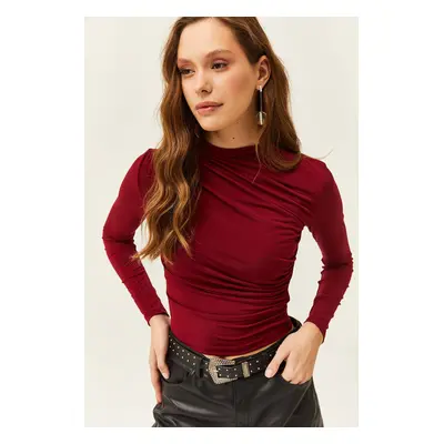 Olalook Women's Burgundy High Neck Gathered Detailed Lycra Blouse