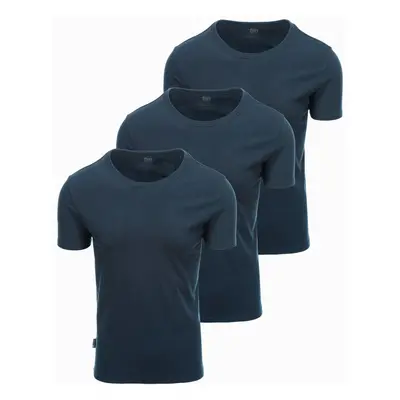 Ombre Set of men's BASIC cotton shirts with round neckline - 3x navy blue