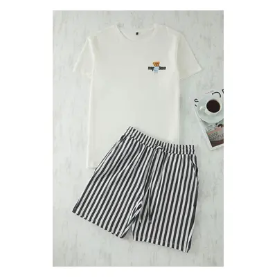 Trendyol Black Striped Regular Fit Couple/Double Knitted Shorts 100% Cotton Pajama Set